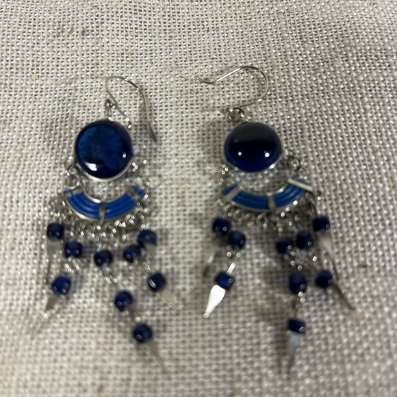 Handmade Blue Beaded Dangle Earrings - Picture 3 of 6